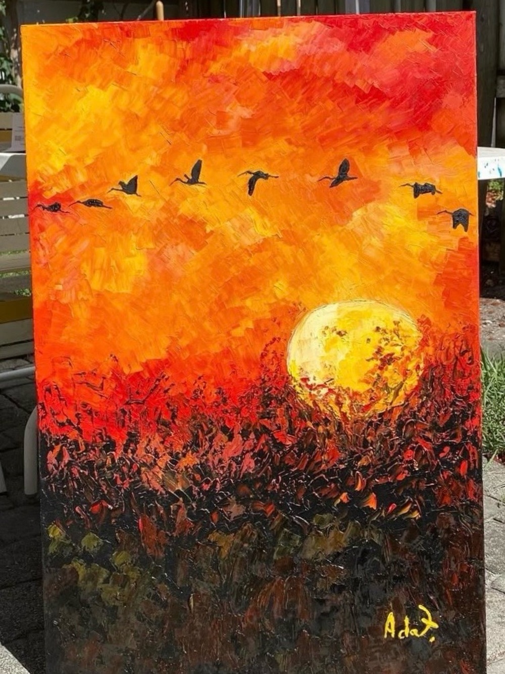 Sunset Flight Canvas Art - Orange & Yellow Landscape by